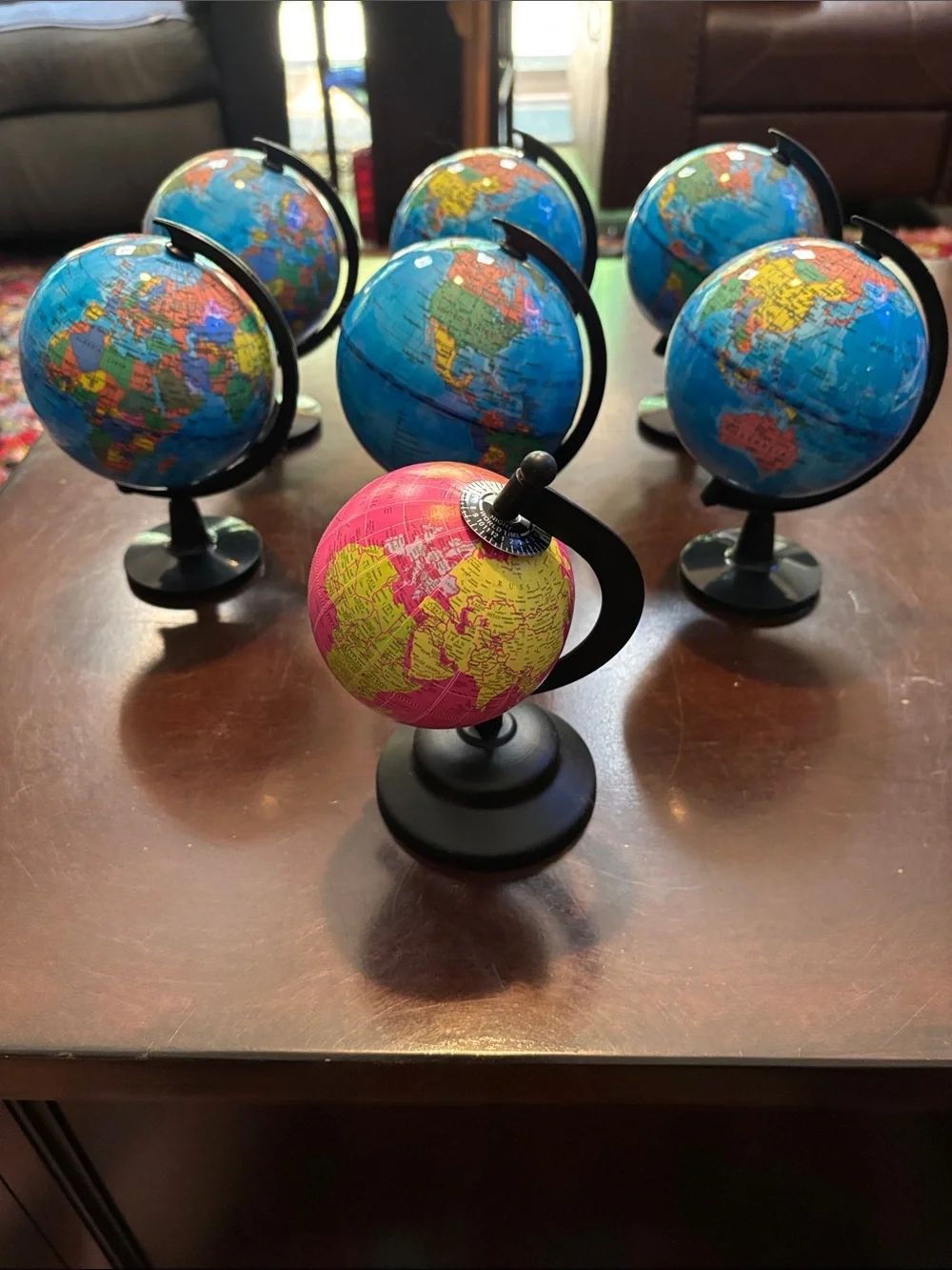 7 Mini Decorative Globes 6 Blue & 1 Pink